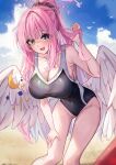  1girl absurdres black_one-piece_swimsuit blue_archive breasts brown_eyes cleavage collarbone commentary_request covered_navel day feathered_wings hair_ornament hair_scrunchie halo hand_on_own_knee hidel highres large_breasts long_hair looking_at_viewer mika_(blue_archive) one-piece_swimsuit open_mouth outdoors pink_hair pink_halo scrunchie sidelocks smile solo standing swimsuit wings 