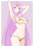  1girl absurdres armpits bikini border breasts cleavage collarbone cowboy_shot dani_(angrymatthew) eyebrows_hidden_by_hair eyes_visible_through_hair facial_mark fate/grand_order fate/stay_night fate_(series) forehead_mark gold_bikini golden_week highres large_breasts long_bangs long_hair looking_at_viewer medusa_(fate) medusa_(rider)_(fate) navel outside_border parted_bangs purple_background purple_eyes purple_hair sideboob smile solo swimsuit teeth thighs underboob very_long_hair white_border 