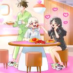  1boy 2girls ahoge animal_slippers bare_arms bare_legs black_hair black_pajamas blunt_bangs blush bob_cut braid bread bread_slice breakfast buttons choker closed_eyes coffee_mug commentary cup egg feeding food fried_egg glasses green_pajamas hair_ribbon hair_tie hand_on_own_chin heart heart-shaped_pupils holding holding_cup holding_spoon ketchup kimi_to_idol_precure lamp living_room long_hair long_sleeves low_twin_braids mature_male medium_hair meroron_(human_form) messy_hair mug multiple_girls musical_note omelet opaque_glasses open_mouth pajamas pants parted_bangs precure purirun_(human_form) red_eyes ribbon ribbon_choker sausage short_hair short_sleeves shorts sitting slippers spoon striped_clothes sunlight symbol-shaped_pupils table tanaka_(precure) toast ton_(ton39342104) twin_braids twitter_username upper_body vertical-striped_clothes very_long_hair very_short_hair white_pajamas window 