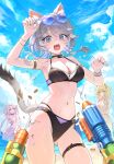  3girls aglaea_(honkai:_star_rail) alternate_costume animal_ear_fluff animal_ears armpits bare_shoulders bikini black_bikini blonde_hair blue_eyes blue_nails blue_sky bow breasts castorice_(honkai:_star_rail) cat_ears cat_girl cat_tail cipher_(honkai:_star_rail) cleavage cloud cloudy_sky commentary eyewear_on_head fang grey_hair hair_bow heart heart-shaped_eyewear highres honkai:_star_rail honkai_(series) large_breasts looking_at_viewer medium_breasts miho_(mymiho) mole mole_on_breast multicolored_nails multiple_girls navel open_mouth outdoors purple_hair sky stomach sunglasses swimsuit tail thigh_strap white_bow yellow_nails 