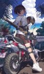  1girl absurdres beach beretta_1301 bike_shorts black_hair blue_sky cloud day elbow_pads flashlight full_body gloves guard_rail gun helmet highres holding holding_helmet honda hood hood_down knee_pads license_plate long_sleeves looking_at_viewer looking_back motor_vehicle motorcycle motorcycle_helmet ocean open_mouth original outdoors red_eyes road samaru_(seiga) shoes short_hair shotgun sky smile sneakers solo sparkle sweat traffic_barrier tree unworn_headwear unworn_helmet weapon 