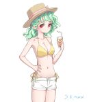 1girl artist_name bikini bow breasts cleavage drink drinking_straw green_hair hat hat_bow hat_ribbon holding holding_drink kazami_yuuka medium_breasts navel pink_bow pink_ribbon red_eyes ribbon s-a-murai short_shorts shorts side-tie_bikini_bottom solo swimsuit swimsuit_under_clothes touhou variant_set wavy_hair white_background white_shorts yellow_bikini 