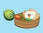  &gt;_&lt; bird blue_background bucket closed_eyes commentary_request cucumber food fruit highres hiyoko_kurabu no_humans open_mouth partially_submerged pokemon pokemon_(creature) rowlet solo tomato tongue water watermelon 