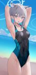  1girl absurdres animal_ear_fluff animal_ears beach blue_archive blue_eyes blue_sky breasts cloud covered_navel day ear_piercing extra_ears grey_hair hair_tie hair_tie_in_mouth halo highres hototogisu_(7kanu_7ra) looking_at_viewer medium_breasts mismatched_pupils mouth_hold ocean one-piece_swimsuit outdoors piercing shiroko_(blue_archive) shiroko_(swimsuit)_(blue_archive) sidelocks sky solo swimsuit thighs water wet wet_clothes wet_swimsuit wolf_ears 