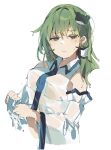  1girl aqua_eyes bare_shoulders breasts detached_sleeves dripping frog frog_hair_ornament frown gominami green_hair hair_ornament hair_tubes highres kochiya_sanae long_hair see-through shirt simple_background touhou upper_body wet wet_clothes wringing_clothes 