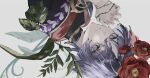 1boy black_bodysuit black_kimono black_sleeves blunt_ends bodysuit closed_mouth end_s2 expressionless eyelashes eyeliner eyeshadow flower genshin_impact gold highres japanese_clothes jewelry juban kimono leaf looking_at_viewer makeup male_focus neck_ring own_hands_clasped own_hands_together pink_nails plant purple_eyes purple_hair purple_rope red_eyeliner red_eyeshadow red_flower red_kimono rope scaramouche_(genshin_impact) shimenawa solo thorns upside-down vines white_background white_kimono white_rope wispy_bangs 