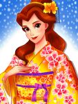  1girl alternate_costume beauty_and_the_beast_(disney) belle_(disney) brown_eyes brown_hair commentary_request dress earrings floral_print floral_print_kimono flower japanese_clothes jewelry kimono long_hair looking_at_viewer nyamunekonabe ponytail print_kimono sash smile tassel upper_body yellow_dress yellow_flower yellow_kimono 