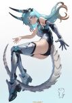  1girl absurdres akemiya_genma android bare_shoulders cyberpunk gradient_background green_background green_eyes green_hair hair_between_eyes highres horns long_hair mecha mechanical_arms mechanical_horns mechanical_legs mechanical_tail original robot solo tail thighs 