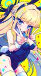  1girl absurdres animal_ears bare_shoulders blonde_hair blue_archive blue_eyes blue_hair blue_leotard blush bow bowtie breasts cleavage closed_mouth commentary_request confetti double_v fake_animal_ears halo highres leotard long_hair looking_at_viewer medium_breasts mochi_(buchumi10) multicolored_hair playboy_bunny rabbit_ears rabbit_tail solo strapless strapless_leotard tail thighhighs toki_(blue_archive) toki_(bunny)_(blue_archive) v very_long_hair white_thighhighs wrist_cuffs yellow_background 