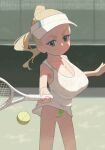 1girl ball blonde_hair blue_eyes breasts cleavage dress green_panties highres huge_breasts niwatori5948 oppai_loli original panties ponytail racket solo sportswear tennis_ball tennis_dress tennis_racket tennis_uniform underwear visor_cap white_dress 