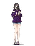  1girl absurdres arm_behind_back black_hair blue_eyes blue_jacket denim denim_shorts glasses hair_down highres holding holding_phone idolmaster idolmaster_shiny_colors jacket jtangc mitsumine_yuika multicolored_jacket phone phone_over_face selfie shoes shorts sneakers solo torn_clothes torn_shorts two-tone_jacket white_background 