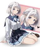  absurdres blazer blue_bow blue_bowtie blue_eyes blush bow bowtie breasts collared_shirt cropped_jacket gakuen_idolmaster grey_hair high-waist_skirt highres idolmaster jacket katsuragi_lilja loafers looking_at_viewer medium_breasts medium_hair open_mouth pleated_skirt shirt shoes sitting skirt smile socks teeth white_shirt white_socks zaofeng 