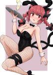  1girl alternate_costume animal_ears black_bow bow braid breasts cat_ears cat_tail chups cup drinking_glass fake_animal_ears fishnet_legwear fishnets highres kaenbyou_rin playboy_bunny rabbit_ears red_hair tail touhou tray twin_braids 