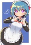  1girl apron bangs black_dress blue_background blue_hair breasts closed_mouth collared_dress commentary_request dohna_dohna_issho_ni_warui_koto_o_shiyou dress frilled_apron frilled_dress frills hair_between_eyes hands_up heart heart_hands highres juliet_sleeves long_sleeves mob_(dohna_dohna) naga_u pleated_dress puffy_sleeves purple_eyes small_breasts solo two-tone_background white_apron white_background 