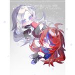  2girls ahoge aotsuki_eito artist_request black_serafuku black_shirt black_shorts black_skirt black_socks blue_eyes blue_hair blue_jacket blush chinese_commentary closed_mouth commentary_request deformed eyelashes eyes_visible_through_hair frown genderswap genderswap_(mtf) grey_hair hair_between_eyes heart holding holding_heart jacket kneehighs last_defense_academy_school_uniform long_hair long_sleeves multicolored_hair multiple_girls pleated_skirt red_hair school_uniform second-party_source serafuku shirt shoes shorts skirt socks sumino_takumi the_hundred_line_-last_defense_academy- too_many_watermarks two-tone_hair watermark white_shoes 