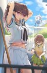  2girls absurdres bang_dream! bang_dream!_it&#039;s_mygo!!!!! black_neckerchief blush brown_hair brown_sweater_vest chinese_commentary closed_mouth commentary_request day fence green_necktie green_skirt grey_eyes hair_between_eyes hanasakigawa_school_uniform haneoka_school_uniform highres holding holding_hose hose long_hair midriff mouth_hold multiple_girls neckerchief necktie outdoors plaid_clothes plaid_skirt pleated_skirt purple_eyes ribbon ribbon_in_mouth road_sign sailor_collar school_uniform serafuku shiina_taki shirt short_hair sign skirt sweater_vest takamatsu_tomori tying_hair unique_(pixiv12704744) unmoving_pattern white_sailor_collar white_serafuku white_shirt white_skirt 