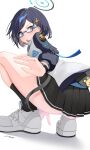  1girl absurdres akinoji_(akiponpon27) ass black_hair black_halo black_skirt black_socks blue-framed_eyewear blue_archive blush chihiro_(blue_archive) commentary_request full_body grey_eyes hair_ornament halo highres jacket medium_hair panties pleated_skirt rabbit_hair_ornament shoes signature simple_background skirt socks solo squatting sweatdrop underwear white_background white_panties white_shoes 