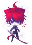  1boy absurdres ahoge animal_ears armband belt belt_pouch black_boots black_hair black_jacket black_pants blue_eyes boots cat_boy cat_ears cat_tail chibi chibi_only chinese_commentary closed_mouth commentary_request gloves highres holding holding_sword holding_weapon jacket katana kemonomimi_mode last_defense_academy_school_uniform looking_at_viewer male_focus multicolored_hair pants pouch qiong_yuemooc red_hair red_pupils school_uniform solo streaked_hair sumino_takumi sword tail the_hundred_line_-last_defense_academy- thigh_strap tsurime two-tone_hair weapon white_background white_belt white_gloves 
