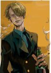  1boy bad_id bad_twitter_id black_necktie blonde_hair blue_shirt bottle cigarette curly_eyebrows edolove facial_hair goatee hair_over_one_eye highres holding holding_bottle holding_cigarette looking_at_viewer male_focus necktie one_piece sanji_(one_piece) shirt short_hair smoke solo striped_clothes striped_shirt vertical-striped_clothes vertical-striped_shirt 