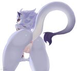  anthro anus belladonna_(trials_of_mana) butt digital_media_(artwork) ear_piercing ear_ring felid feline female fur genitals hi_res jewelry looking_at_viewer mammal nude piercing pulred purple_body purple_fur pussy ring_piercing simple_background solo trials_of_mana video_games 