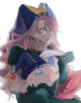  afro_puffs checkered_clothes checkered_hat checkered_pantyhose club_(shape) diamond_(shape) gloves hat highres jester jester_cap jikishirone long_hair looking_at_viewer madan_no_ichi mark_under_eye multicolored_hair multicolored_hat neck_ruff pantyhose pink_hair puffy_sleeves simple_background spade_(shape) streaked_hair striped_clothes striped_headwear striped_pantyhose vertical-striped_clothes vertical-striped_headwear white_background yuyu_(a07161092) 