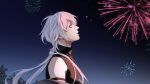  1boy a_date_with_death aegyo aerial_fireworks casper_(a_date_with_death) fireworks gradient_background hair_flowing_over hair_over_shoulder highres jacket jacket_partially_removed jellyfish_cut large_variant_set male_focus night night_sky non-web_source official_art open_mouth red_eyes sky sleeveless sleeveless_turtleneck solo surprised tree turtleneck variant_set white_hair wide-eyed 