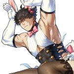  1boy animal_ears bara black_hair bunny_pose corset crossdressing elbow_gloves food-themed_hair_ornament gloves hair_between_eyes hair_ornament heterochromia highres lace-trimmed_legwear lace_trim looking_at_viewer male_focus male_playboy_bunny muscular muscular_male neck_ribbon original rabbit_ears rabbit_tail red_eyes ribbon scar scar_on_arm scar_on_face short_hair strawberry_hair_ornament tail thighhighs yukibi_(ykb) 