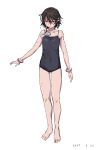  1girl bare_shoulders barefoot black_one-piece_swimsuit blush brown_hair collarbone dated full_body hair_between_eyes highres momijiyama_teru one-piece_swimsuit short_hair shy_(series) simple_background swimsuit takatisakana wet white_background 