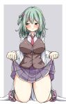  1girl aqua_eyes aqua_hair beads blush border breasts brown_vest buttons closed_mouth clothes_lift collared_shirt commentary embarrassed full_body furrowed_brow grey_background grey_skirt hair_beads hair_between_eyes hair_ornament highres impossible_clothes kikka_academy_school_uniform kinokohaman kneeling large_breasts lifting_own_clothes long_hair long_sleeves looking_to_the_side miniskirt necktie one_side_up outside_border pink_sandals pleated_skirt red_necktie riddle_joker sandals school_uniform shikibe_mayu shirt simple_background skirt skirt_lift solo sweat tearing_up tears thick_thighs thighs vest wavy_mouth white_border white_shirt 