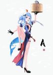  1girl alternate_costume alternate_hairstyle animal_on_head black_gloves black_shoes bloop_(gawr_gura) blue_dress blue_eyes blue_hair braid braided_hair_rings breasts china_dress chinese_clothes cleavage commentary double_bun dress ebi-chan_(gawr_gura) fins fish_tail full_body gawr_gura gloves grey_hair hair_bun hair_rings hashtag-only_commentary high_heels highres holding_bamboo_steamer hololive hololive_english leg_up long_hair looking_at_viewer mandarin_collar massiveyog multicolored_hair on_head open_mouth pelvic_curtain shark_girl shark_tail sharp_teeth shoes short_sleeves simple_background small_breasts solo standing standing_on_one_leg streaked_hair tail teeth thigh_strap twin_braids upper_teeth_only virtual_youtuber white_background 