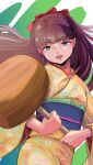  1girl artist_name blue_eyes blue_sash bow brown_hair commentary floral_print floral_print_kimono hair_bow hammer holding holding_hammer japanese_clothes kimono looking_at_viewer mendou_ryouko miz_mus obi open_mouth print_kimono red_bow sash smile solo standing twitter_username upper_body urusei_yatsura yellow_kimono 