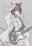  1girl absurdres ajirui alternate_costume animal_ears bass_guitar belt_collar black_hair blue_archive bridal_veil cat_earrings cat_ears collar colored_inner_animal_ears colored_inner_hair commentary_request dress earclip earrings extra_ears fender_jazz_bass flower frilled_thigh_strap gift_art grey_background guitar hair_ornament hairclip halo highres holding holding_bass_guitar holding_instrument holding_plectrum instrument jewelry kazusa_(band)_(blue_archive) kazusa_(blue_archive) looking_at_viewer multicolored_hair nail_polish parted_lips pink_hair pink_nails plectrum red_eyes ring short_hair signature simple_background single_leg_pantyhose solo thigh_strap veil white_dress white_flower 