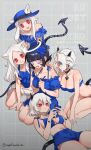  5girls :3 :d absurdres animal_ears azazel_(helltaker) bikini black_hair blue_bikini blue_hat blue_one-piece_swimsuit breasts cellphone cerberus_(helltaker) cleavage demon_girl demon_tail eyes_visible_through_hair fang grey_background hair_over_one_eye halo hat helltaker highres holding holding_pen holding_phone kneeling large_breasts lying malina_(helltaker) multiple_girls noah_(tettsui-sole) on_back one-piece_swimsuit open_mouth pen phone red_eyes short_hair smile swimsuit tail twitter_username white_hair white_halo zdrada_(helltaker) 