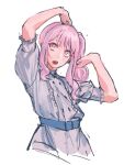  1other akiyama_mizuki arm_up belt blue_belt buttons cable_(cablebop) dress english_commentary grey_dress hair_between_eyes hand_up long_hair looking_up low_ponytail open_mouth other_focus pink_eyes pink_hair ponytail project_sekai puffy_short_sleeves puffy_sleeves short_sleeves sidelocks simple_background solo teeth white_background 