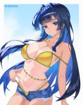  1girl absurdres alternate_costume armpit_crease artist_name bare_shoulders beads belly_chain bikini bikini_under_shorts blue_eyes blue_hair blue_nails blunt_bangs border brazilian_miku brazilian_miku_(cosplay) breasts cleavage collarbone colored_inner_hair commentary cosplay cowboy_shot denim denim_shorts exposed_pocket green_trim hair_intakes hatsune_miku higekuru highres hololive hololive_english jewelry large_breasts light_smile long_hair looking_at_viewer micro_shorts multicolored_hair navel one-piece_tan open_fly ouro_kronii outside_border shorts sky solo stomach strap_pull strap_slip swimsuit tan tanlines virtual_youtuber vocaloid wet wet_hair white_border yellow_bikini 