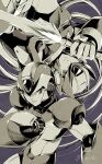 2boys android arm_cannon armor energy_sword forehead_jewel fujino_yuuki greyscale helmet highres holding holding_sword holding_weapon long_hair looking_at_viewer male_focus mega_man_(series) mega_man_x_(series) monochrome multiple_boys rotational_symmetry sword upper_body upside-down weapon x_(mega_man) z_saber zero_(mega_man) 