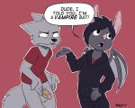 bat bite_mark_on_penis canid canine canis clothed clothing dialogue duo fully_clothed fur genital_torture grey_body grey_fur humor leaf-nosed_bat male male/male mammal microbat partially_clothed rinzy vampire_bat wolf yangochiropteran