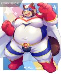  2022 anthro belly big_belly blush brown_body canid canine cape clothing gutsbacks hi_res humanoid_hands kemono male mammal moobs overweight overweight_male ponpo_ko5 raccoon_dog skinsuit solo superhero tanuki tight_clothing visor 