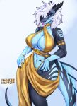 2025 anthro big_breasts black_horn blue_body blue_scales breasts clothed clothing costume dragon dress female gold_dress golden_week hair hi_res horn meme meme_clothing meme_outfit mythological_creature mythological_scalie mythology nira_(unrealcereal) scales scalie solo thick_thighs unrealcereal white_hair wide_hips
