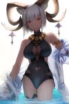  1girl animal_ears arknights armlet bangs bare_shoulders black_swimsuit breasts carnelian_(arknights) carnelian_(shining_dew)_(arknights) clothing_cutout cowboy_shot grin highres horns jacket large_breasts lodbyy looking_at_viewer navel navel_cutout off_shoulder official_alternate_costume one-piece_swimsuit open_clothes open_jacket red_eyes short_hair simple_background smile solo standing swimsuit thighs wading white_background white_hair white_jacket 