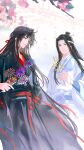  2boys ahoge black_coat black_hair black_hanfu blue_sash blurry blurry_background branch brown_eyes candy chinese_clothes chinese_text closed_mouth coat falling_petals flower food hair_down hair_ribbon half_updo hand_fan hand_up hanfu headband highres holding holding_candy holding_food holding_toy lan_wangji long_hair long_sleeves looking_at_another male_focus modao_zushi multiple_boys non-web_source official_alternate_costume official_alternate_hairstyle official_art open_clothes open_coat parted_bangs parted_lips petals pink_flower red_ribbon red_sash ribbon robe sash sidelocks smile standing topknot toy very_long_hair wei_wuxian wei_wuxian_(yiling_laozu) white_hanfu white_headband wide_sleeves xiao_guan_(headdress) yaoi yellow_eyes 