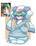  1girl absurdres brown_background cowboy_shot forehead_jewel grey_hair grey_sweater helmet highres hood hooded_sweater mega_man_(series) mega_man_zx model_w_(mega_man) pandora_(mega_man) photo_inset pikaeevee13 red_eyes simple_background solo sweater white_background white_helmet 