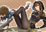  2boys absurdres armor bishounen blush border breastplate brown_background brown_hair brown_pantyhose doushite fingerless_gloves gloves gold_trim gran_(granblue_fantasy) granblue_fantasy hair_between_eyes high_heels highres holding holding_another&#039;s_leg holding_money hood hood_up legs long_sleeves looking_at_another male_focus money multiple_boys outstretched_arm pantyhose red_eyes sandalphon_(granblue_fantasy) short_hair shoulder_armor sitting thighs white_border yaoi 