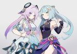  2girls absurdres armlet armpit_crease bare_shoulders blue_eyes blue_hair bracelet breasts center_opening chinese_commentary citlali_(genshin_impact) closed_mouth cosplay costume_switch dailyc-cat detached_collar detached_sleeves dress facial_mark faruzan_(genshin_impact) genshin_impact gradient_background gradient_hair green_eyes grey_background hair_between_eyes hair_ornament hand_on_own_hip hand_up headpiece highres jewelry long_sleeves looking_to_the_side multicolored_eyes multicolored_hair multiple_girls pink_hair purple_nails purple_pupils shade short_shorts short_sleeves shorts sideboob simple_background sleeveless standing thighs twintails upper_body yuri 