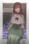  1girl aroma_lady_(pokemon) azz0422 black_choker breasts brown_eyes brown_hair choker curvy earrings flower green_skirt highres hoop_earrings jewelry large_breasts long_hair long_sleeves pokemon pokemon_oras shirt skirt smile solo teeth white_shirt wide_hips 