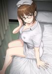  1girl akizuki_ritsuko antenna_hair ass bed black-framed_eyewear blush breasts brown_eyes brown_hair character_name collarbone commentary curtains fingernails folded_ponytail from_above from_side glasses hand_up hat highres idolmaster idolmaster_(classic) indoors looking_back miniskirt name_tag nurse nurse_cap on_bed parted_lips pillow shirt short_sleeves sidelocks sitting skirt solo sweatdrop translated tsurui white_shirt white_skirt 