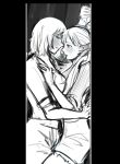  2girls blush chuan3 dungeon_meshi elf falin_touden falin_touden_(tallman) greyscale highres leg_between_thighs long_hair marcille_donato monochrome multiple_girls parted_lips pointy_ears short_hair short_sleeves smile stuck_in_a_box yuri 