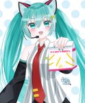  1girl animal_ear_headphones animal_ears aqua_eyes aqua_hair arisuuuuu.1436 bag black_sleeves cat_ear_headphones detached_sleeves fake_animal_ears food french_fries hair_ornament hairclip hatsune_miku headphones headset highres holding holding_bag ibispaint_(medium) long_hair looking_at_viewer mcdonald&#039;s miku_day necktie open_mouth red_necktie shakacat shake_shake_fries shirt sleeveless sleeveless_shirt smile striped_clothes striped_shirt twintails upper_body vertical-striped_clothes vertical-striped_shirt very_long_hair vocaloid 