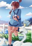  1girl ass barefoot blue_eyes blue_gloves blue_jacket blue_shorts blush breasts crop_top cropped_jacket ducklett fence gloves hair_ornament highres jacket large_breasts long_hair midriff mochitaro_(mothitaroo) one_side_up outdoors pokemon pokemon_(creature) pokemon_bw pouch red_hair short_hair_with_long_locks short_shorts shorts sidelocks skyla_(pokemon) smile swanna thigh_pouch water water_drop wet 