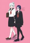  2girls artist_name bag black_cardigan black_eyes black_pantyhose black_serafuku black_shoes breasts brown_shoes cardigan colored_inner_hair commentary_request dated fate/grand_order fate_(series) green_eyes grey_hair highres holding holding_bag holding_hands kishimen_hair long_hair medium_breasts medium_skirt multicolored_hair multiple_girls open_mouth pantyhose pink_hair pleated_skirt ponytail purple_hair school_bag school_uniform serafuku shoes short_hair skirt sleeves_past_wrists smile socks titiduki_(manman-ya) twitter_username two-tone_hair ushi_gozen_(avenger)_(fate) ushi_gozen_(fate) watermark white_socks yui_shousetsu_(fate) 